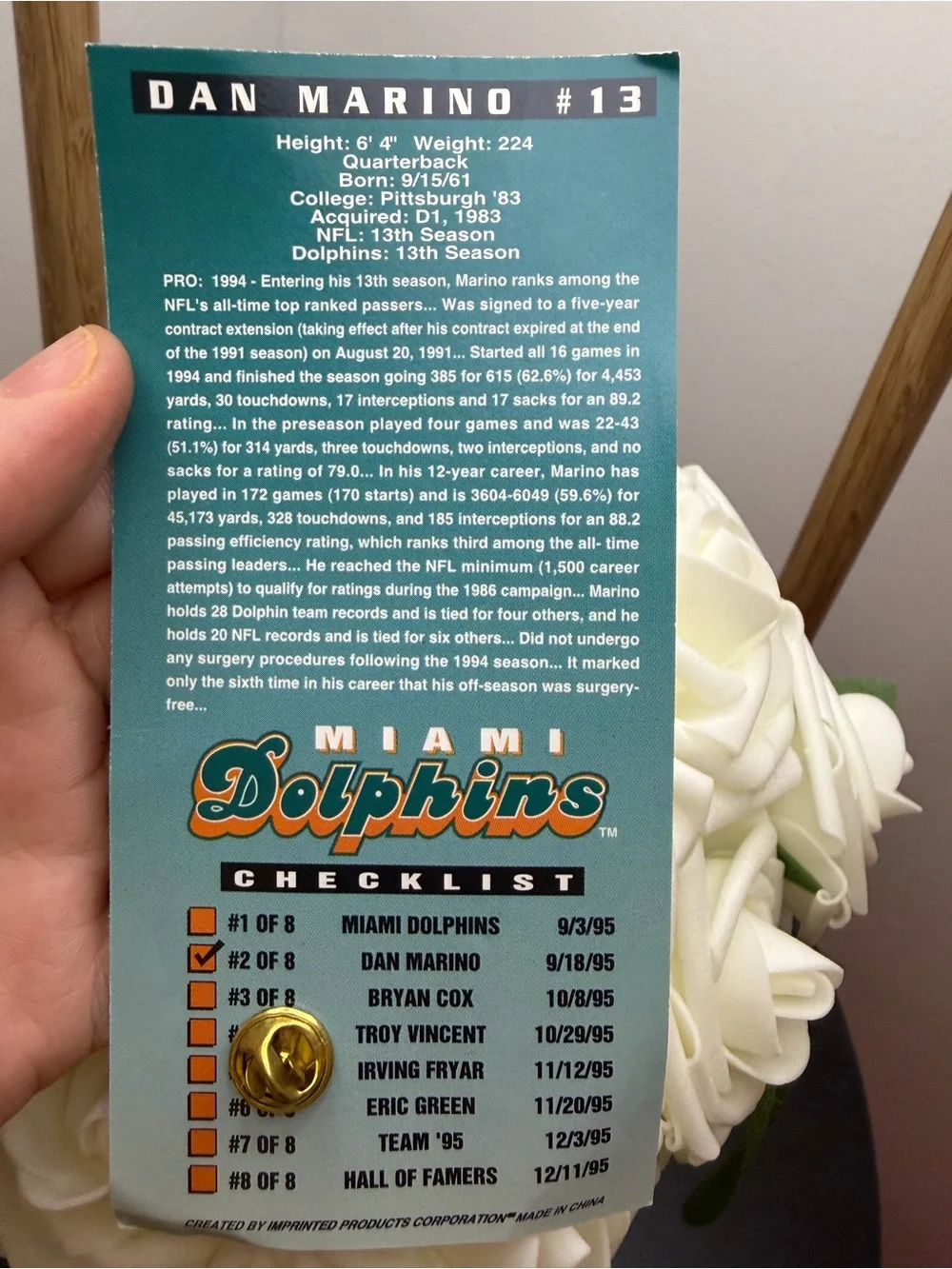 Dan Marino Dolphins Pin and Card